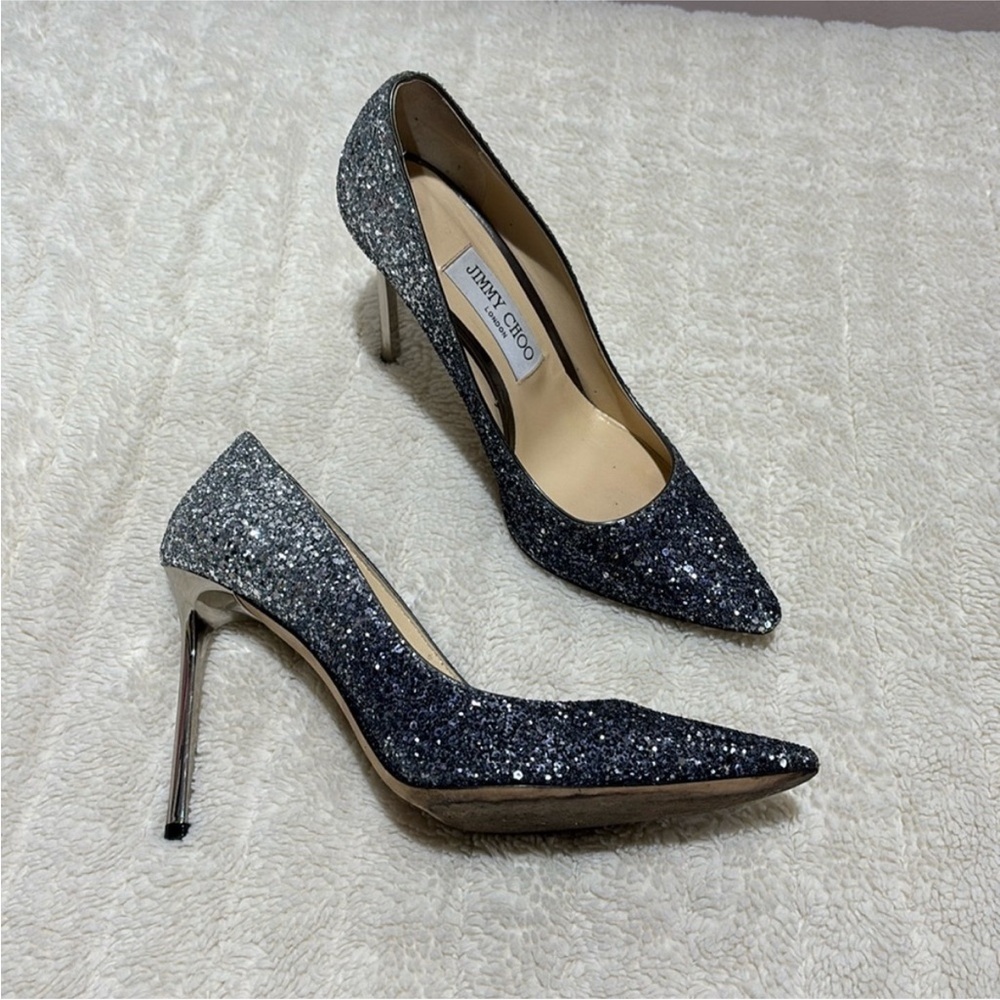 Jimmy Choo Black and Silver Glitter Pointed Stiletto Pumps